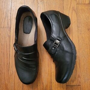 Earth Origins 10M Black Leather Block Heel Buckle ROXANNE‎ Clogs Comfort Neutral